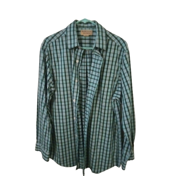 Duluth Trading Co. Wrinkle Fighter Green/Navy Plaid Long Sleeved Button Down M - Picture 4 of 7